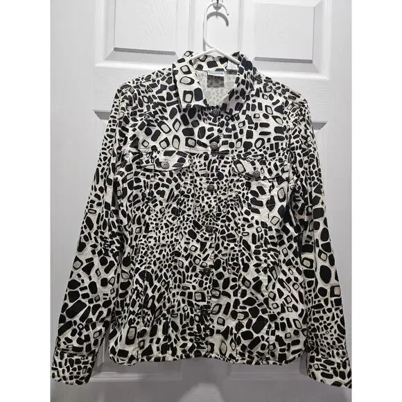 Chico's Animal Print Jacket Size 1 Neutral Black Tan White Size M 8-10 - Picture 2 of 16